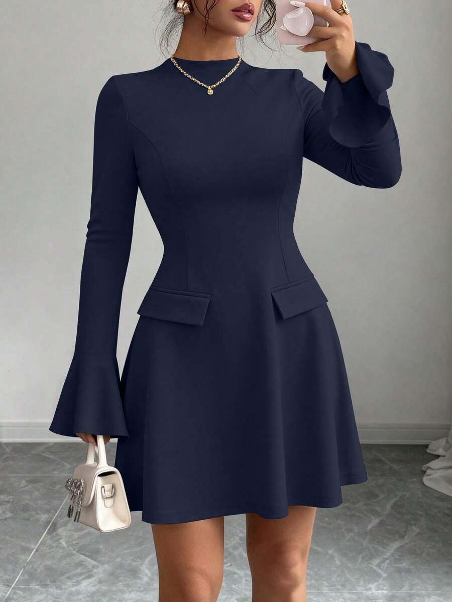 PRETTYGARDEN Women's Long Sleeve Elegant Mini Dress Fall Bodycon Mock Neck Elegant Business Work Party Short Dresses New Years Valentine Vacation - 深藍色 - 查看 1