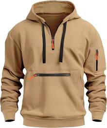 Sudadera deportiva con capucha y cierre para hombre, de manga larga, con capucha y bolsillos - Caqui - Ver 10