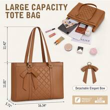 15.6 Inch Women's Fashionable Bow Tie & Diamond Pattern Waterproof Leather Laptop Bag, Professional Computer Briefcase, Spacious Tote Bag For Office, School And Travel, Brown - Multicolor - View 5