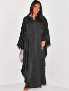 2025春夏新款时尚宽松水钻装饰女式长袍开衫黑色 - 黑色 - 查看 1
