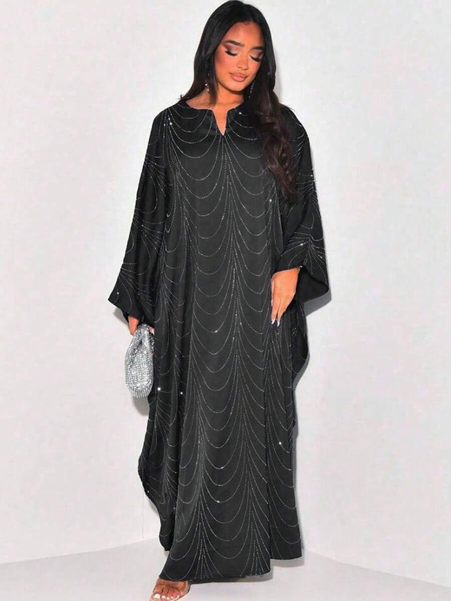 2025春夏新款时尚宽松水钻装饰女式长袍开衫黑色 - 黑色 - 查看 1