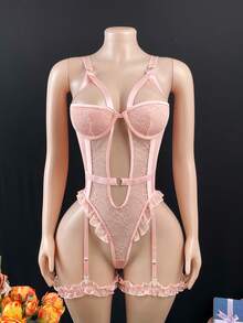 Weiweihu Hot Fashion Design Lingerie Set, Tie Neck Tight Corset&Skirt&Sleeves&Thong And Leg Rings, Women's Sexy Lingerie And Underwear Sexy Lace See-Through One-Piece Sexy Lace Leg Ring Night Gown Women Halloween Pajamas Bodysuits For Women Shapewear Tummy Control Corset Tops Halloween Pajamas Bridal Sexy Lingerie Bridal Sexy One-Piece Multi-Color Options, Available For 4 Seasons, The First Choice For Adult Women's Parties, Suitable For Intimate Moments/Private Parties - Hồng - Xem 1