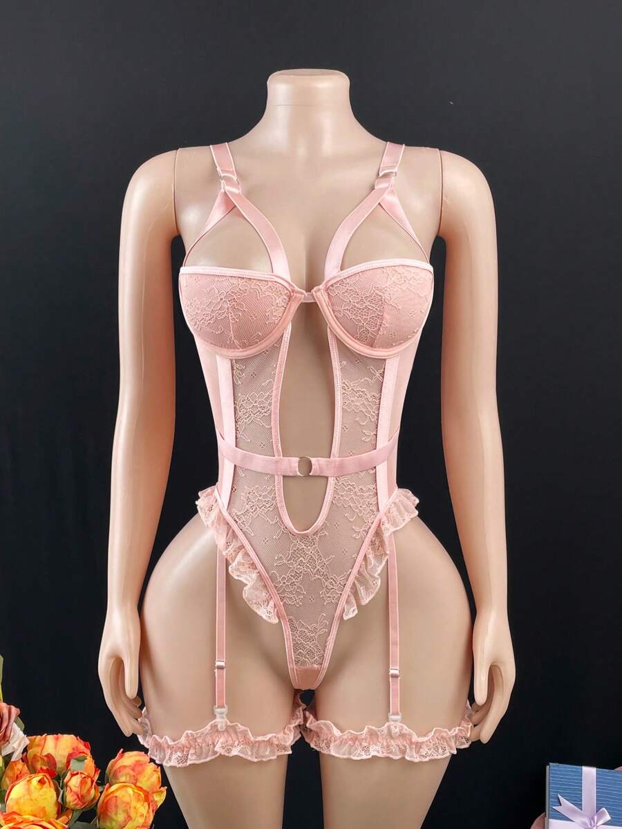 Weiweihu Hot Fashion Design Lingerie Set, Tie Neck Tight Corset&Skirt&Sleeves&Thong And Leg Rings, Women's Sexy Lingerie And Underwear Sexy Lace See-Through One-Piece Sexy Lace Leg Ring Night Gown Women Halloween Pajamas Bodysuits For Women Shapewear Tummy Control Corset Tops Halloween Pajamas Bridal Sexy Lingerie Bridal Sexy One-Piece Multi-Color Options, Available For 4 Seasons, The First Choice For Adult Women's Parties, Suitable For Intimate Moments/Private Parties - Hồng - Xem 1