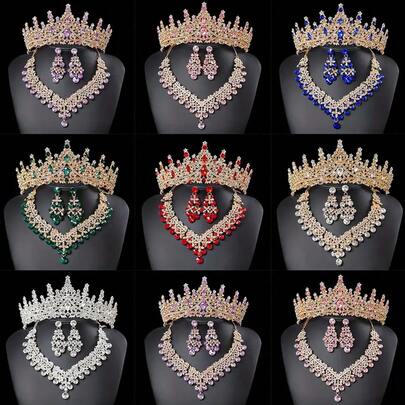 1 Stück Zitrone Liebe Königskrone Halskette Set, mit rosa und roten Edelsteinen - glänzender luxuriöser Mädchen Haarschmuck, Geburtstags Party Königin Accessoire, elegante Frauen Haar Krone Geschenk für alle Jahreszeiten (Mehrfarbige Optionen)