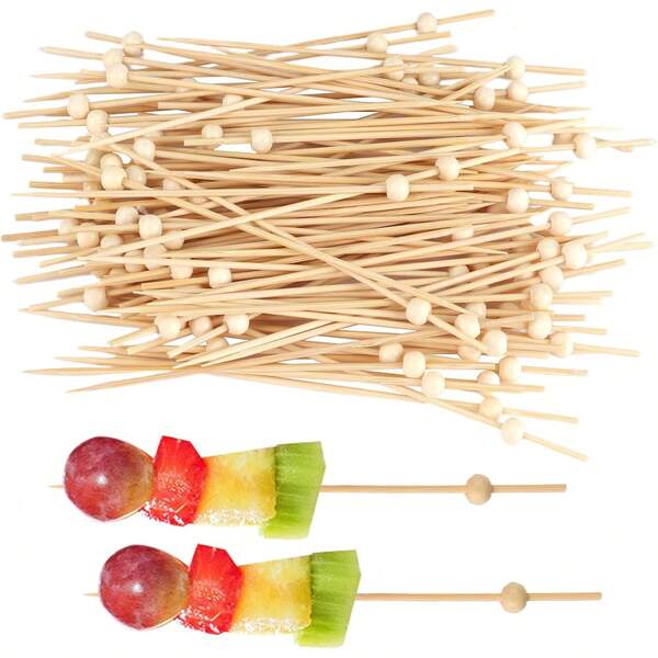 5 piezas de Pinchos de Fruta Elegantes - Bolas de Madera Natural, Pinchos de Bambú, Adecuados para Fiestas de Comida, Decoración de Bebidas y Tablas de Charcutería - 4.7 Pulgadas de Largo, Calidad Premium, Reutilizables, Ideales para Diversas Celebraciones, Exteriores, Camping