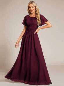 女士优雅圆领高腰褶皱雪纺长款伴娘礼服正式婚礼春季礼服 - 酒紅色 - 查看 3