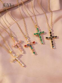 Hihho 1pc European & American Style Shiny Rhinestone Embellished Cross Pendant Necklace, Fashionable And Versatile Jewelry Gift For Women - Yellow Gold - View 11