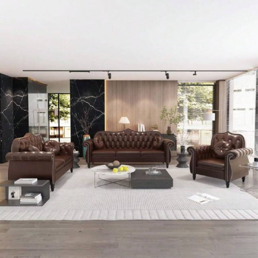Chesterfield 3-Piece Living Room Sectional Sofa Set, Mid- Modern Upholstered PU Couch, Classic Tufted Button Sofa With Nailhead Trim For Living Room, Office (Brown),25014686 - màu nâu - Xem 1