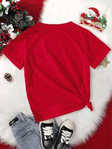 Playera infantil para niñas con estampado de "Sweet Christmas" con Galletas de Jengibre y Muñeco de Nieve, hecha 100% de algodón, cuello redondo, manga corta y corte recto. - Rojo - Ver 3