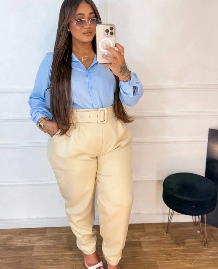 Plus Size Tailored Pants, Large Size With Belt, High Waist, Formal, Elegant, Work, Straight With Belt - 沙 - 查看 1