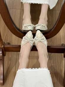 Sparkling Rhinestone Bow Silver Pointed Toe Stiletto High Heel Slip-On Pumps For Women - Beige - View 11