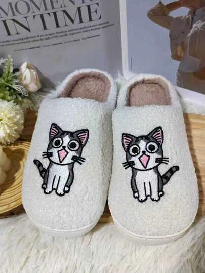 Pantofole da donna con motivo animale carino, fodera in peluche e lacci, pantofole da casa con cartoni animati antiscivolo per l'inverno