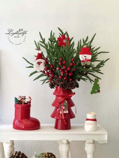 1 peça de arranjo de flores de mesa de Natal, vaso central, botas de árvore de Natal vermelhas, vaso de cerâmica, decoração de feriados para ambientes internos, decoração de casa, enfeites de vaso, adequado para presentear, presentes de feriado