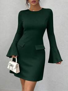 PRETTYGARDEN Women's Long Sleeve Elegant  Mini Dress Fall Bodycon Mock Neck Elegant Business Work Party Short Dresses New Years Valentine Vacation - 墨綠色 - 查看 3