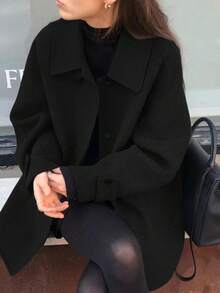 Women's Simple Solid Color Pocket Front Button Turndown Collar Raglan Sleeve Overcoat, Autumn/Winter Black - Black - View 3