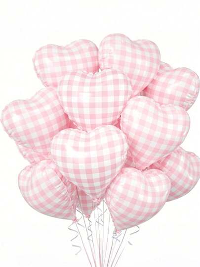 18" Pink & White Checkered Heart Shaped Balloon, Light Blue Grid Heart Shaped Foil Helium Balloon, Polyester Film Balloon, Suitable For Silly Goose Themed Birthday Party Decoration