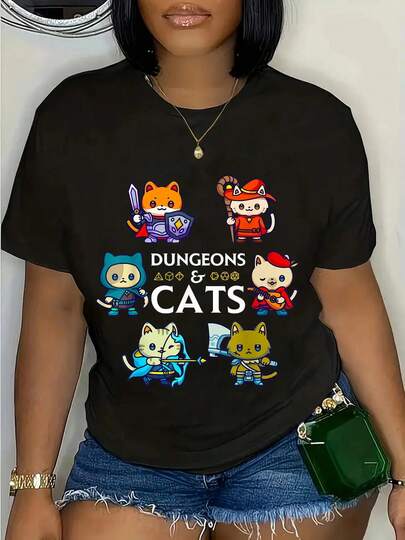 100% Cotton RPG Gamer Cats D20 Dice Nerdy Geek Cat Men Women T-Shirt Women's Men's Graphic Tee Crew Neck Summer Vacation Tops