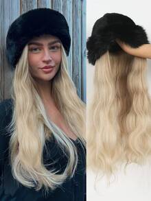 White(Black) Plush Hat Hair Extensions Hairpieces 26 Inch Long Wave Wigs With Synthetic Wig Soft Hairpiece Add Volume & Length Warm Screwed Cold-Resistant Curly Hairpieces Blonde For Winter Women Girls Daily Party Christmas Gift,Easily Create A Winter Vibe And Be Sophisticated And Convenient. - Natural Black - View 10