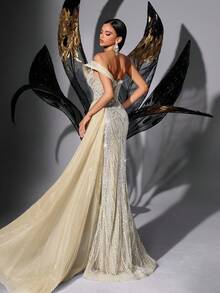 Đầm dạ hội dáng đuôi cá xẻ tà, không dây vai, đính sequin, màu trơn thời trang, thích hợp cho đám cưới, tiệc mùa xuân. - Màu be - Xem 3