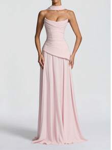 UNITHORSE Elegant Solid Color Asymmetric/Asymmetrical Zipper Wedding Dress - Pink - View 2