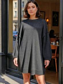 1 件大码宽松纯色罗纹大码毛衣，休闲家居和日常穿着，秋冬 - 深灰色 - 查看 5