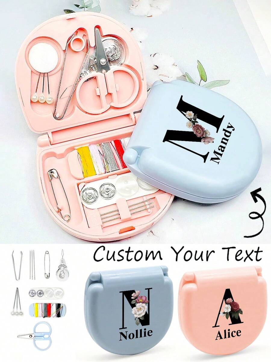 Customized Name Travel Sewing Kit With Organizer Case Embroider Set Emergency Repair Tools Box Portable Needlework Accessories Travel Accessories Personalized DIY With Threads Scissors Hand Sewing Needles Black Floral 26 Letters Initial Pattern Design - Multicolor - View 1