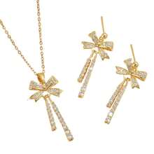 Gold-Plated Copper Micro-Inlaid  Double Pendant Bow Tassel Necklace Women's Earring Set Jewelry Accessories - Vòng cổ XE0136 - Xem 5