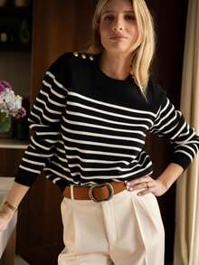 女士针织圆领长袖套头毛衣，肩部饰有纽扣，简约经典休闲风格，适合日常穿着，秋冬季女士针织衫，黑色 - 黑色 - 查看 2