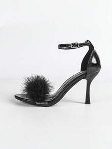 Damen modische elegante schwarze flauschige Fell Dekor Rund Zeh Knöchelriemen High Heel Sandalen, charmante glamouröse funkelnde Party Hochzeit Outdoor Event Pumps, 9CM Absatz - Schwarz - Übersicht 6