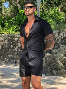Hawaiian Floral Shirt And Shorts Set Striped Print Adult Men's Viscose Fabric With Spandex - màu đen - Xem 2