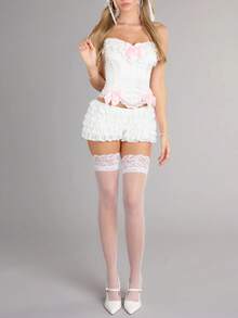 Shorts bloomers con volantes micro de estilo Y2K para mujer, shorts mini con volantes y encaje, cintura elástica, shorts coquetos tipo boyshorts - Blanco - Ver 5