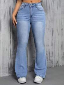 Women's Flare Jeans High Waist Gringa Fashion Style Fitted At The Hips And Wide Leg Butt Lift Effect Jeans With Elastane Light Blue Super Comfortable And Stylish  Piece That Enhances Curves - 淺色水洗藍 - 查看 1