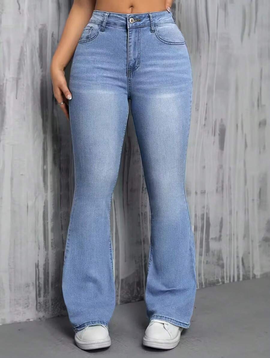 Women's Flare Jeans High Waist Gringa Fashion Style Fitted At The Hips And Wide Leg Butt Lift Effect Jeans With Elastane Light Blue Super Comfortable And Stylish  Piece That Enhances Curves - 淺色水洗藍 - 查看 1