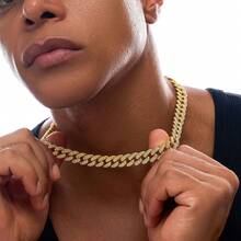 1pc European & American Street Hip-Hop Style Fully Rhinestone Chain Necklace, Golden Color, Fashionable Hiphop Jewelry For Men & Women, Choker Chain, Multiple Sizes Available