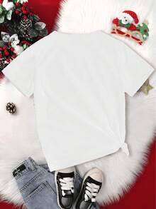 Playera infantil para niñas de 3 a 12 años, hecha de algodon, cuello redondo, manga corta y diseño de "Tren de Juguete Navideño" - Blanco - Ver 3