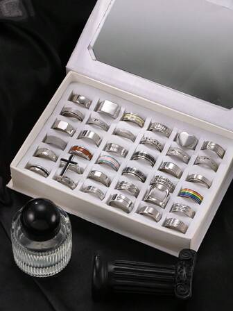 1/5/10/15/20/30/40/50 件男士时尚个性配饰，十字架、哑光戒指、铸造心形戒指，多种款式可混搭，尺码 6-11 随机，适合男女日常、节日、派对穿着