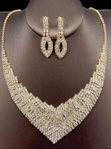 1 Paio di orecchini + 1 set di gioielli da collo, design geometrico scintillante con strass, decorazione per feste serali di lusso