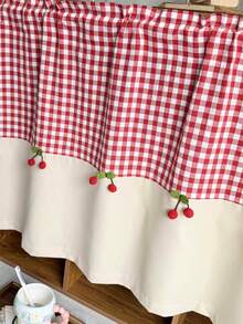 1pc Red Buffalo Check Kitchen Curtain Valances For Windows Farmhouse Half Window Curtains Cherry Pom Poms Short Curtain For Bathroom Small Windows - Multicolor - View 5