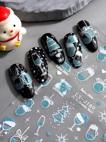 2 pezzi Adesivi per unghie decorativi natalizi e per Capodanno, con glitter blu, bicchiere di vino, cappello di Babbo Natale, palline di Natale, albero di Natale, decorazioni per unghie lucide e carine, adesivi per unghie fai-da-te, forniture per salone di manicure