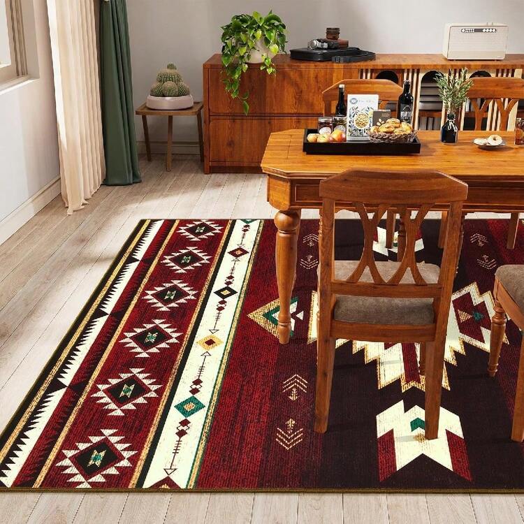 A Premium Red Retro-Style (950g/㎡) / Devore Velvet Version Of A Large-Area Carpet, The High-End Model Features High-Density Thickened Material. Adorned With Personalized Geometric Pattern Designs, This Luxurious Area Rug Perfectly Complements Various Home Decor Styles. Kitchen Rug - Multicolor - View 5