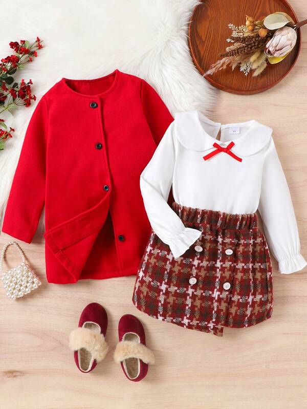 3 Peças Conjunto Elegante e Doce de Meninas Jovens, Jaqueta de Manga Longa Vintage, Blusa com Gola de Laço, Saia Assimétrica, Outono/Inverno