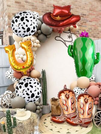 7pcs/Set Western Party Balloons, Including Brown Hat Shaped Balloons, Cactus, Cow Print Balloons, Horseshoe, Cowboy Boot Foil Balloons, Suitable For Wild West Themed Birthday Party, Farm Decor, Bachelorette Party Decor, Ideal For Western Birthday Party, Last Rodeo Bachelor Party Decor, Hanging Decoration Indoor And Outdoor