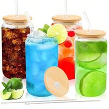 1/4 Glass With Bamboo Lid And Glass Straw, Easter Gift For Wife Or Mother - Cylindrical Drinking Cup Gift, 16 Oz Iced Coffee Cup, Cute Milkshake Cup, Boba Milk Tea Cup, Water Cup, Stylish Drinkware, Hand Wash Only, Reusable Straw Cup, Portable Drinkware, Office Drinkware - 透明4pc - 查看 3
