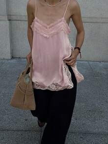 Women Lace Trim Satin High Low Tops Silk Spaghetti Strap Side Split Asymmetrical Cami Top Flowy Silky Layering Tops - Hồng - Xem 4