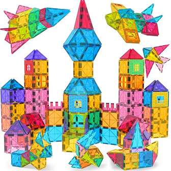 Children's Magnetic Building Blocks Toy Set, Includes Castle Cards, Castle Windows, Large Magnetic Tiles, Portable Carrying Case, Creative Construction Toy, Suitable For Children's Festivals, Birthdays, Halloween, Christmas, Holiday Gifts