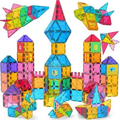 Children's Magnetic Building Blocks Toy Set, Includes Castle Cards, Castle Windows, Large Magnetic Tiles, Portable Carrying Case, Creative Construction Toy, Suitable For Children's Festivals, Birthdays, Halloween, Christmas, Holiday Gifts