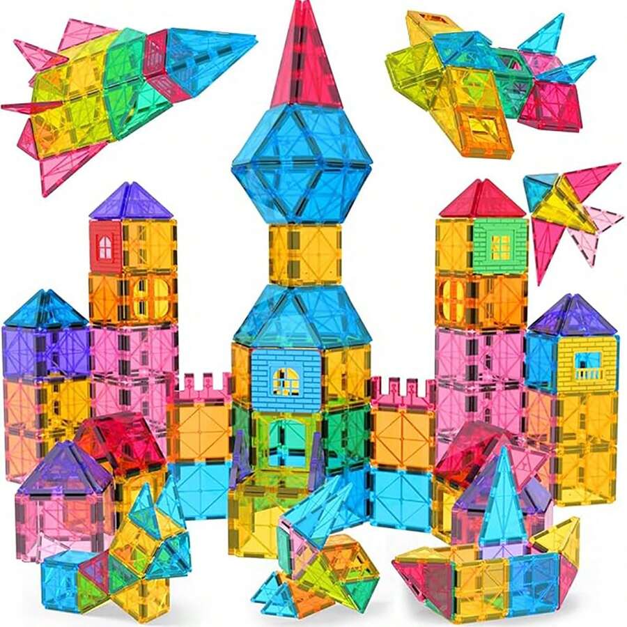 Children's Magnetic Building Blocks Toy Set, Includes Castle Cards, Castle Windows, Large Magnetic Tiles, Portable Carrying Case, Creative Construction Toy, Suitable For Children's Festivals, Birthdays, Halloween, Christmas, Holiday Gifts