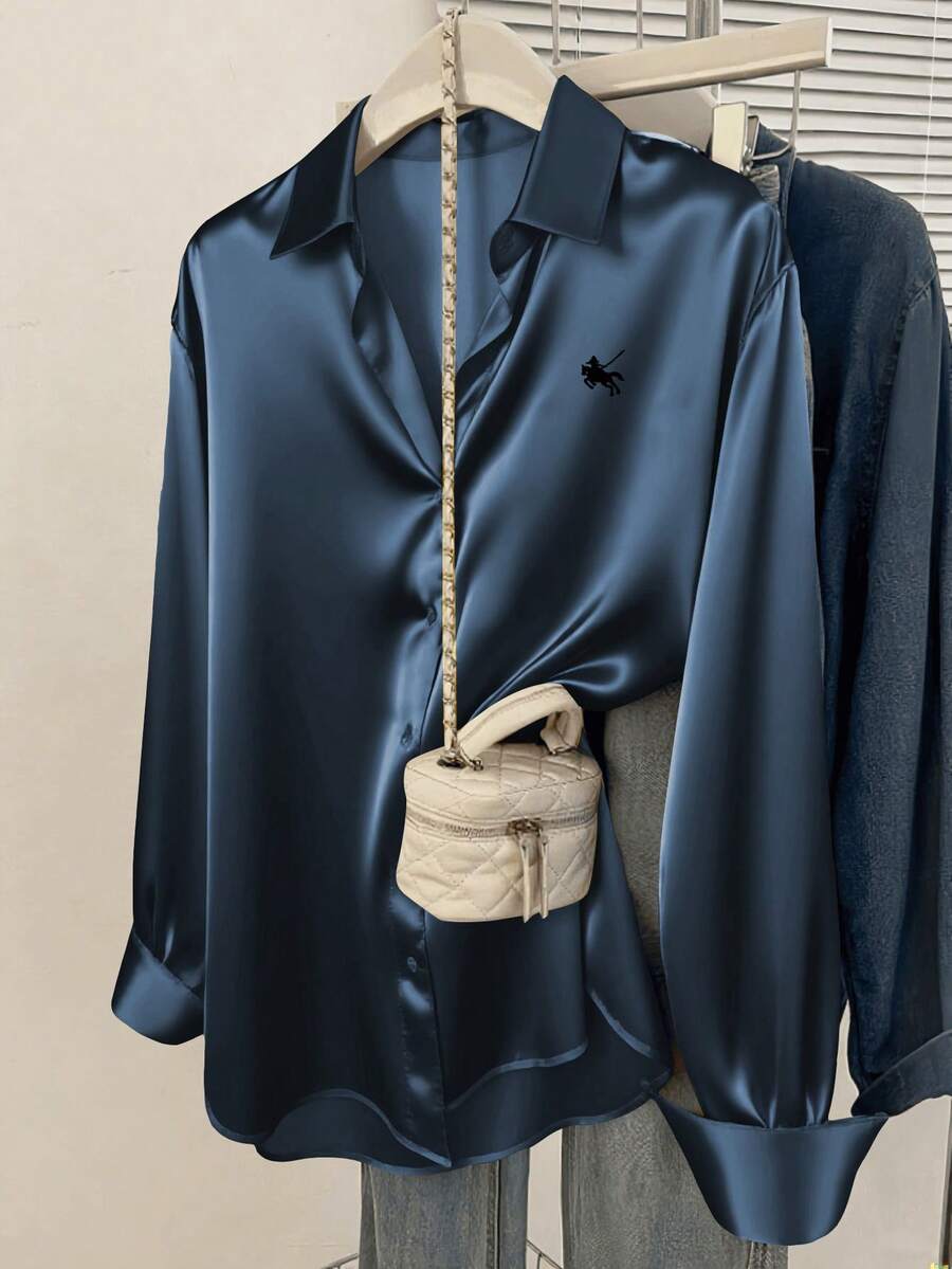 ​Women's Fall Equestrian Satin Shirt, Refined Solid-Toned Knight Print With Point Collar & Single Breasted Design For Daily Elegance