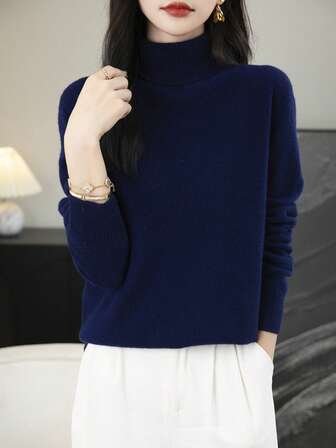 女士100%美利奴羊毛衫，秋冬长袖高领套头衫，保暖柔软针织上衣