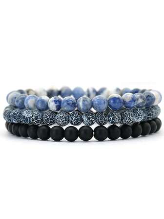 Set de 3 piezas Pulsera de cuentas de piedra hechas a mano de 6 mm, pulsera de cuentas personalizada simple para hombres y parejas